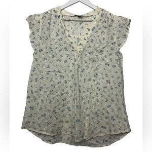 Cottagecore Floral Eyelet Blouse L Flutter Sleeve Feminine Dainty Ivory Blue